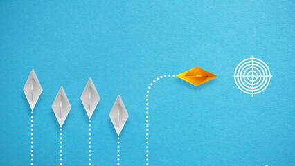 Poster - Business creativity new idea to discovery innovation technology. Yellow paper ship out of line with white paper to change and find a new way to the goal on blue background