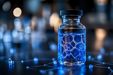 Poster - Glowing molecular structure in glass bottle with blue neon light effect and bokeh background, scientific concept showing chemical bonds and research.