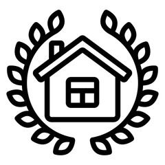 Poster - House with leaves branch line icon, jurisprudence concept. Vector graphics. Cottage building with leaf branches sign on white background, style mobile or design.