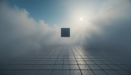 Poster - Mysterious floating cube emerges from mist digital art installation surreal environment atmospheric perspective engaging visual concept