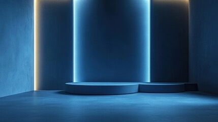 Poster - elegant ultramarine exhibit space featuring glowing linear illumination emphasizing geometric simplicity and textured concrete surfaces for product displays