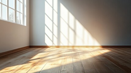 Poster - sunlight streams through window onto interior creating play of light and shadow across polished wooden floor and textured light wall space