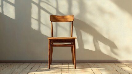 Poster - a simple wooden chair casting shadows on a neutral wall evokes a feeling of solitude and architectural minimalism with hardwood floor