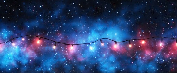 Wall Mural - glowing string lights hang against a nebula, filled with bright stars in a deep space backdrop