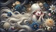 © monkik - A dreamy, fantasy-style illustration of a young girl with long, flowing platinum blonde hair cascading like silk around her as she sleeps peacefully