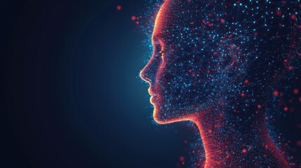 Poster - artificial intelligence representation with connected nodes forming a human face in profile view illustrating digital consciousness