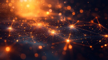 Poster - shimmering network of interconnected golden light points forming a futuristic landscape with bokeh effects and radiant energy flow