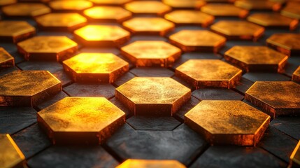 Poster - Golden Hexagonal Grid: Abstract Digital Art
