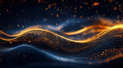 Fototapete - abstract glowing wave with golden particles on dark blue background showcases elegant movement and luminous energy for sophisticated design applications