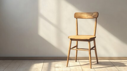 Poster - a simple wooden chair bathed in sunlight casting shadows on a textured wall and wood floor creating a sense of quiet contemplation and solitude