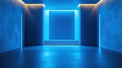 Poster - illuminated monochromatic stage interior with striking blue hues a minimalist setting for modern artistic expression and futuristic events