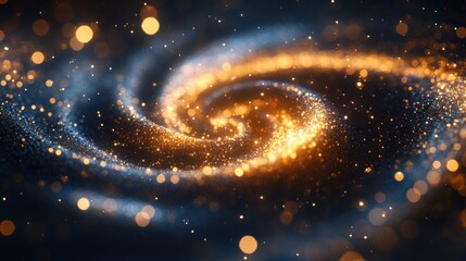 Fototapete - a mesmerizing depiction of a celestial spiral galaxy adorned with shimmering gold and silver particles swirling against a vast cosmic canvas
