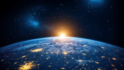 Wall Mural - sunrise over earth captured from space showcasing glowing city lights and vast oceans