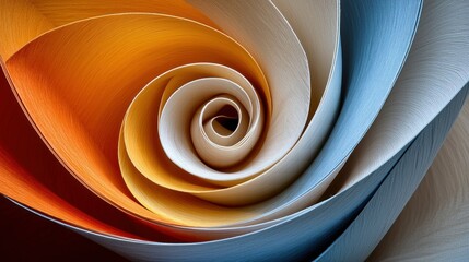 Poster - Abstract Swirling Color Symphony: A mesmerizing spiral of layered paper, showcasing warm orange and cool blue hues. An artful composition playing with light and shadow.