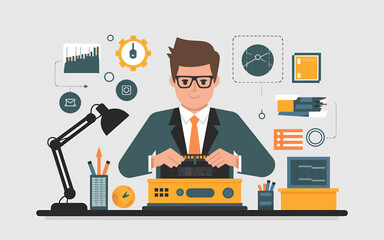 Poster - Engineer repairing complex electronic equipment with various data around