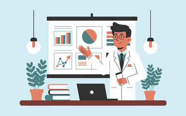 Poster - Scientist presenting data charts at presentation board. Flat illustration
