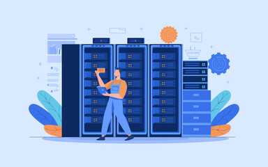 Poster - Data Center Technician Inspecting Server Racks with Laptop Illustration