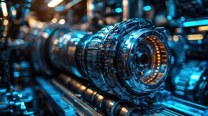 Poster - Futuristic Industrial Machinery: Close-up of a Complex, Sleek Machine in Motion
