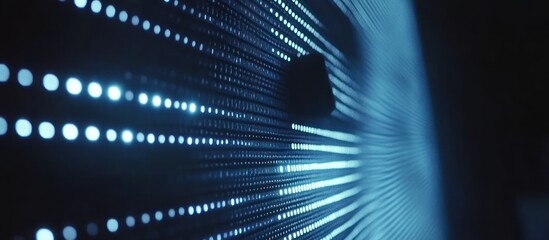 Poster - abstract technological background featuring a dynamic array of glowing dots creating a futuristic digital display with depth and perspective