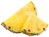 Pineapple slice isolated png. Pineapple on transparent background. Cut pineapple no background. Pineapple half of slice and piece on transparent png. Full depth of field.