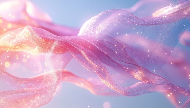 Pink ribbon material, flowing in the air, glowing particles