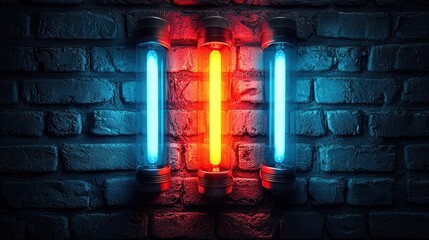 Poster - Neon Tubes on Brick Wall: Futuristic Cyberpunk Lighting