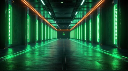 Poster - Neon Green Futuristic Corridor: A Sci-Fi Digital Art