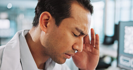 Poster - Headache, stress and medical with man in laboratory for research mistake, clinical trial fail or burnout. Healthcare error, tired and science test results with person in clinic for fatigue and crisis