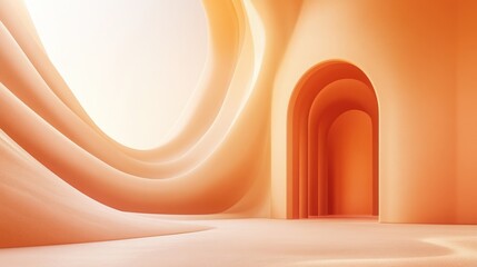 Poster - abstract architectural interior with archways and flowing walls in warm peach tones creating a minimalist and serene futuristic space