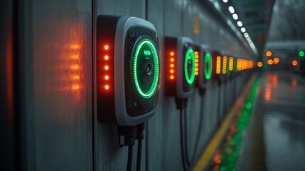 Aufkleber - A row of electric vehicle charging stations glows green, indicating readiness for use in a city setting during the early evening, surrounded by a rainy atmosphere.