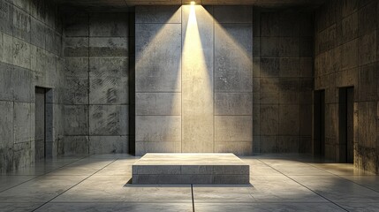 Poster - Minimalist grey podium under a single bright spotlight, set in a pristine, modern room.