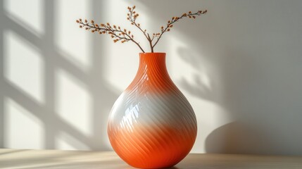 Poster - a decorative orange and white vase with swirling texture holding slender sprigs against a wall with geometric light patterns creates a serene scene