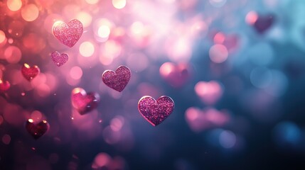 Poster - glittering hearts floating amidst ethereal bokeh lights a dreamy backdrop for romance celebration or valentine's day themed designs