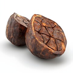Aufkleber - Two halves of a roasted cacao bean, showcasing the intricate details of the cracked interior. The rich brown color and textures are highlighted. Fruit Isolated on a white background. Sliced Cacao