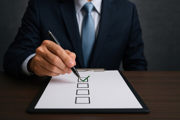 Poster - document approval process in office a professional man checks a on a checklist with a pen symbolizin