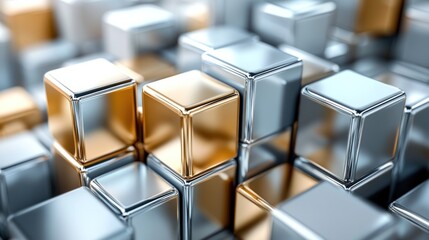 Poster - abstract metallic cubes arrangement featuring contrasting gold and silver tones reflecting light creating a geometric modern backdrop