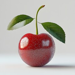 Poster - Close-up of a single, glistening red cherry with green leaves against a plain white background. A beautiful example of still life photography. Fruit Isolated on a white background. Dark Red Cherries