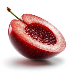Poster - Close-up of a halved plum, revealing its luscious red interior and glistening seeds. Isolated on white. Fruit Isolated on a white background. Single Sliced Cherry