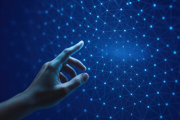 Aufkleber - A human hand reaches out to touch a vibrant blue digital background highlighting an intricate network interface that symbolizes innovation and strategy in today's business landscape