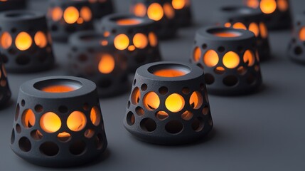 Poster - Several modern candle holders illuminated with a warm orange glow
