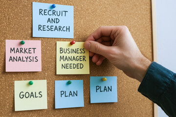 Poster - A hand attaches a note on a bulletin board that emphasizes the need for business manager recruitment and outlines crucial strategies and goals