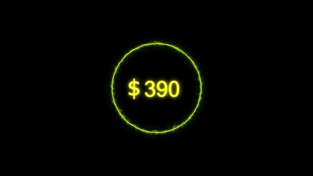 Dollar icon neon bright from $390 lime green color illustration. Black background circle lime green color frem 4k illustration.