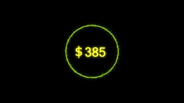 Dollar icon neon bright from $385 lime green color illustration. Black background circle lime green color frem 4k illustration.