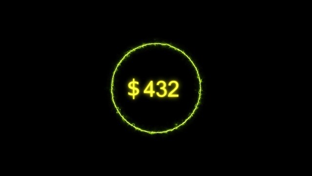 Dollar icon neon bright from $432 lime green color illustration. Black background circle lime green color frem 4k illustration.