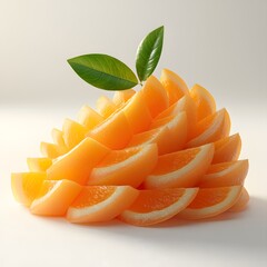 Poster - Close-up of a pile of orange slices, artfully arranged with fresh green leaves. Fruit Isolated on a white background. Sliced Clementine