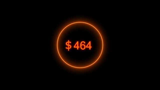 Dollar icon neon bright from $464 orange color illustration. Black background circle orange color frem 4k illustration.