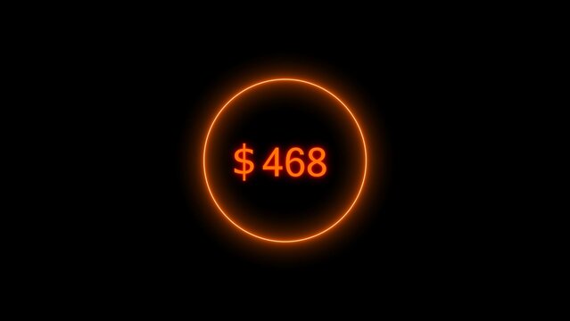 Dollar icon neon bright from $468 orange color illustration. Black background circle orange color frem 4k illustration.