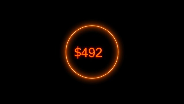 Dollar icon neon bright from $492 orange color illustration. Black background circle orange color frem 4k illustration.