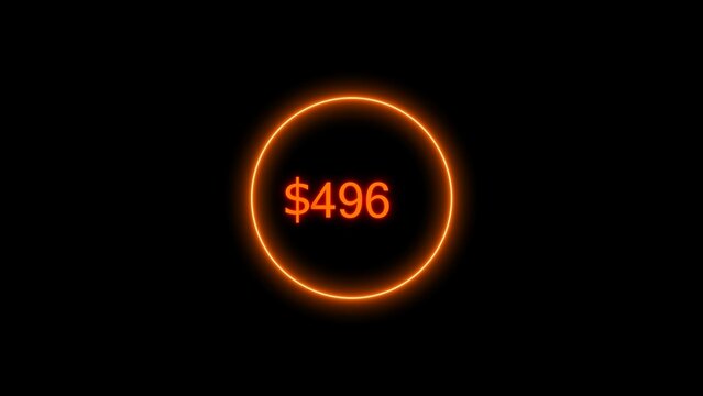 Dollar icon neon bright from $496 orange color illustration. Black background circle orange color frem 4k illustration.