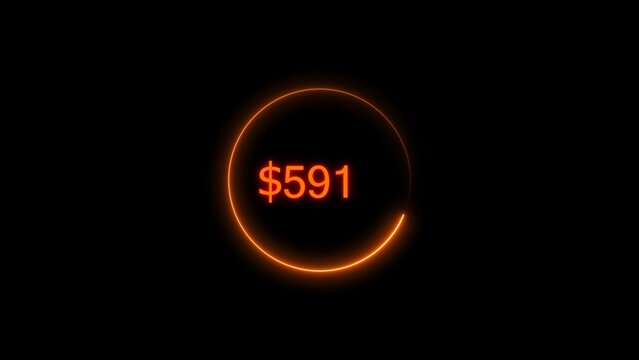 Dollar icon neon bright from $591 orange color illustration. Black background circle orange color frem 4k illustration.